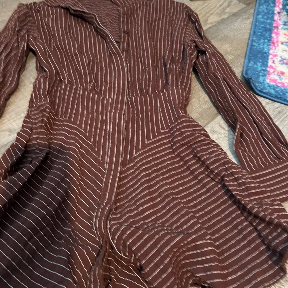 WHITNEY MINI DRESS - LINEN LOOK LONG SLEEVE SHIRT DRESS IN CHOCOLATE PINSTRIPE 2 - Picture 12 of 16